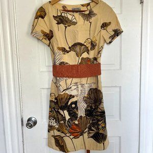 Anthropologie Short Sleeve Shift Dress Size 2 - Bird & Floral Pattern w/ Belt